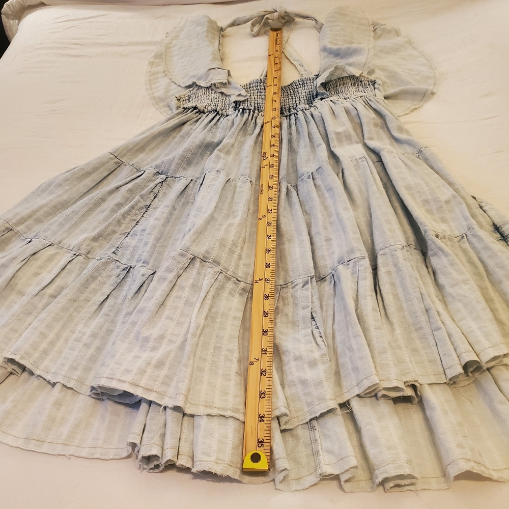 FREE PEOPLE Undone Acid Wash Blue Tiered Ruffled Open Back Smocked Mini Dress M - Picture 11 of 15